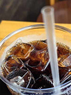 Close-up of my Dr Pepper. It came from a can but they brought me a glasses with ice.