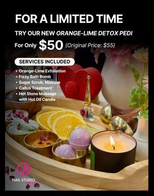 Try our newest Orange-Lime Detox pedi now for only $50!