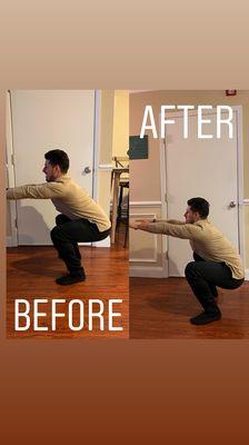 Before and after squat range of motion.