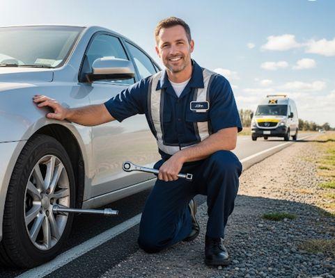 Technician changing a tire.