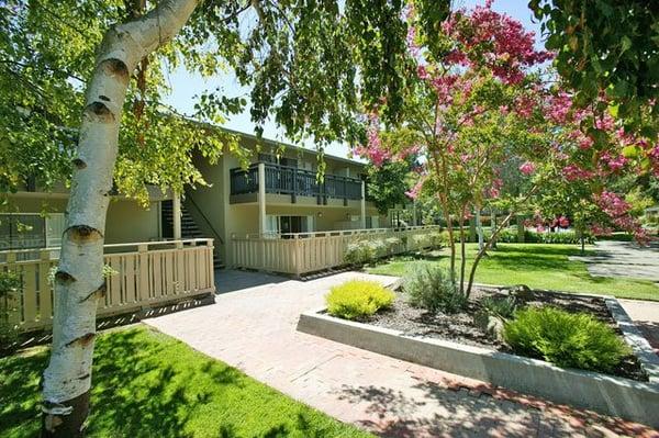 Private entries and patios at The Villages at Cupertino Apartment Homes.