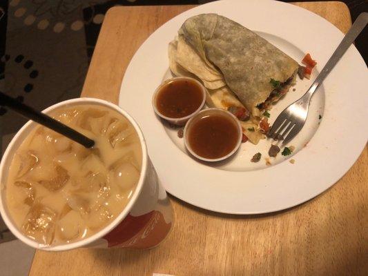 Horchata with carne asada burrito