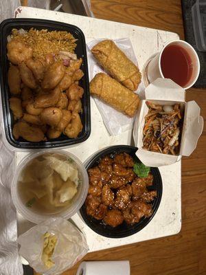 Sweet and sour chicken with pork fried rice, sesame chicken, pork lo mein, small wonton soup, & 2 eggrolls