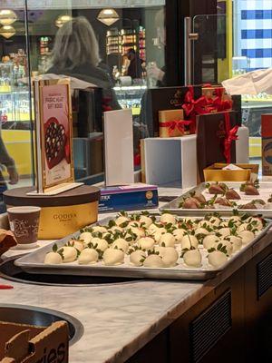 Hand dipped when fresh strawberries. Random fact: They throw all unsold chocolate covered strawberries at the end of the night.