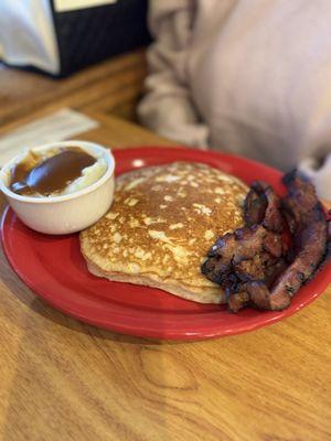 Pancake with bacon and mashed potatoes and gravy