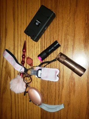 You get a Taser,pepper spray, safey alarm, flash light, Stylist bottle opener, fluff ball, Tactical pick