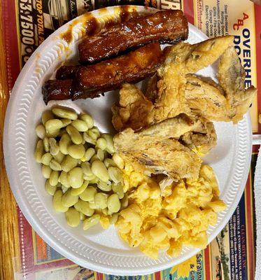 Mac & cheese, Lima beans, fried chicken wings and bbq ribs