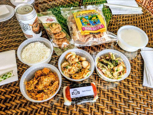 Fresh Ahi Poke, Tako Poke,  Scallop Poke, chocolate chip cookies, Taro chips
