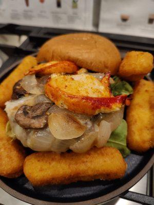 Lobster Surf & Turf Burger and mozzarella sticks