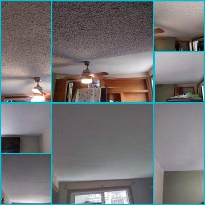 Before and and after pictures of a popcorn ceiling removal and paint job on the ceiling