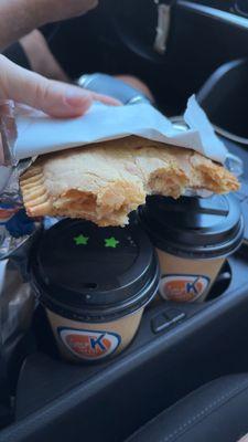 Caffeine x2 (white coffee and a latte) and one chicken hand pie (bacon cheddar)