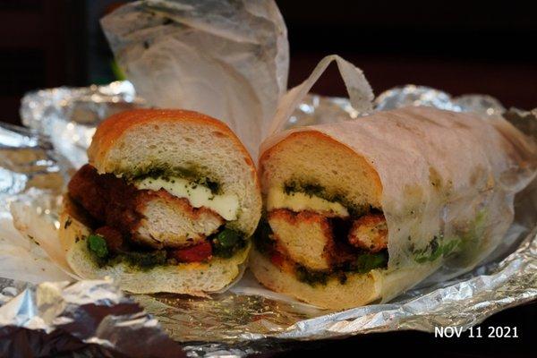 JP Pesto Sub - grilled chicken, in-house Pesto sauce, roasted red peppers, broccoli rabe, and fresh homemade mozzarella