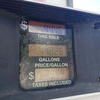 Old school gas pumps. No pay at the pump, must pay inside first.