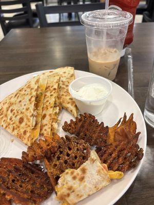 Chicken quesadillas with waffle sweet potato fries and a yummy latte iced