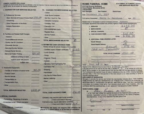 Rowe Funeral Home bill