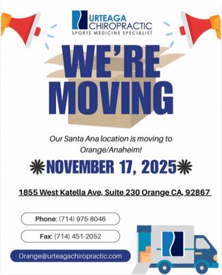 We are moving to the CITY OF ORANGE! In just a few days, our Orange office opens for chiropractic therapy, massage therapy, personal injury!