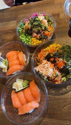 Salmon Nigiri (left) top is yellow tail and salmon bowl. Bottom right is spicy tuna & salmon bowl