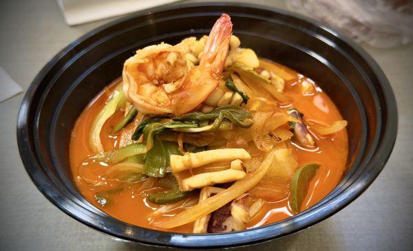 Jjampong for $22. Spicy and intense rich seafood flavor. Well worth it.