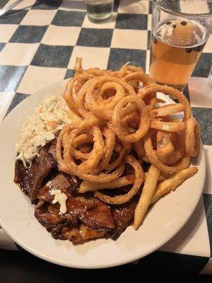 Brisket, coleslaw, onion rings and fries