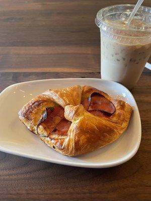 Ham and Asiago croissant and iced latte