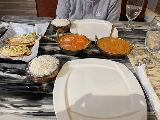 Chicken tikka masala, garlic and cheese nans, mango curry
