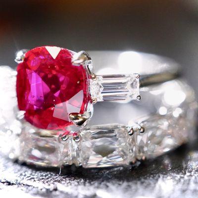 Ruby red engagement ring with Ashoka cut wedding band
