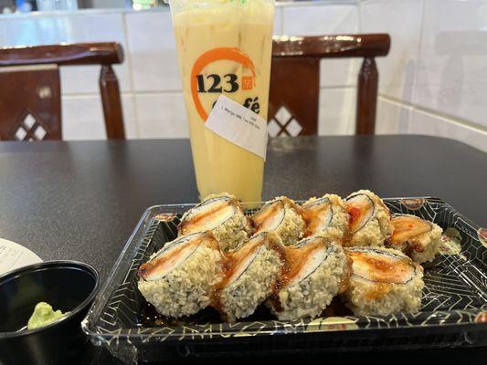 sushi, mango milk tea