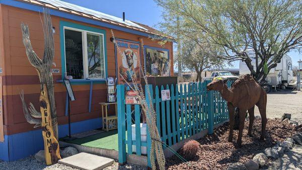 Quaint patio featuring a camel, it's historic.