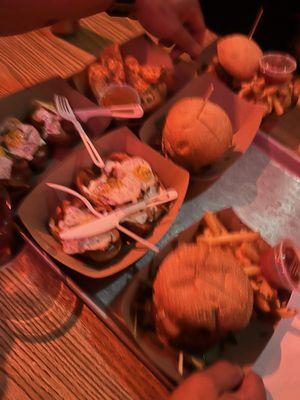 loaded potato skins, mac n cheese egg rolls, burgers