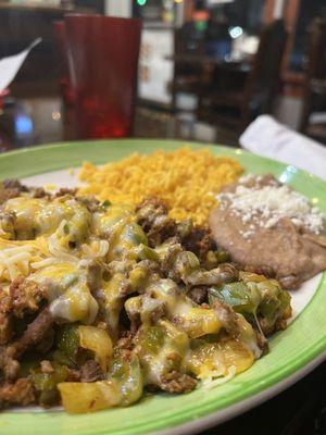 Alambre! (steak, cheese, peppers, and chorizo)