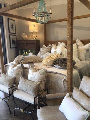 Beautiful bed and bedding at Angela Fine Furnishings! And chandelier....