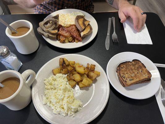 Egg whites, home fries, raisin toast. Over medium, home fries, bacon, rye toast