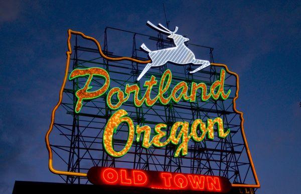 The White Stag sign, also known as the "Portland Oregon" sign. During Christmas, the nose of the stag glows red in imitation of Rudolph!