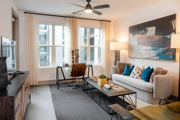 One bedroom model apartment living room