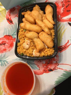 Sweet-and-sour chicken with shrimp fried rice