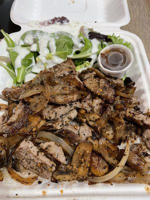 My $20 medium rare steak plate with mushroom and onions ($5.00) and toss salad with dressing on the side.