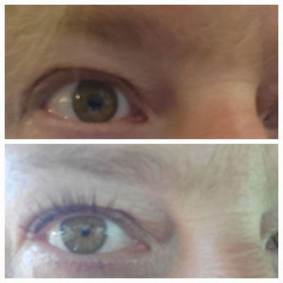 Top:before Bottom:after lash lift and tint