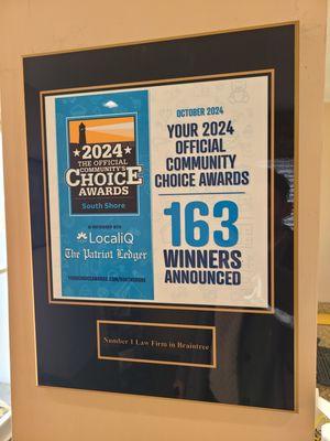 Our new plaque is up! We are honored to be named the #1 Law Firm in Braintree and the entire South Shore of Massachusetts!