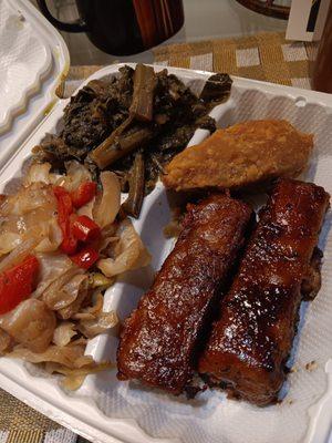 Cabbage, collards and BBQ Ribs. Drummies