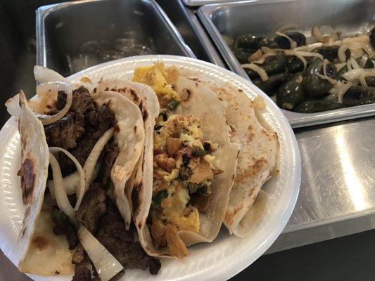 Fajita, migas, and bacon and egg tacos on housemade tortillas!