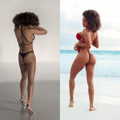 Before and after photo showing the glute development and body transformation.