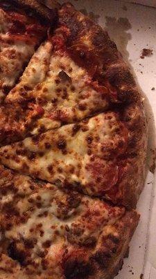 This is what X2 on half my pizza for my blind son gets. 3 pepperonis tops on 4 slices. Pizza hut will be getting my money from now on!!!!