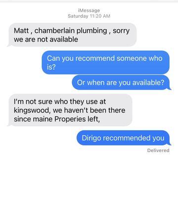 A text message with Chamberlain Plumbing
