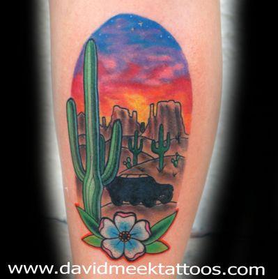 Tucson Arizona saguaro and sunset tattoo by David Meek Tattoos.