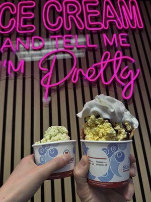 Small on the left with key lime cheesecake.  Regular on the right banana Cream Pie with fudge and whipped topping!