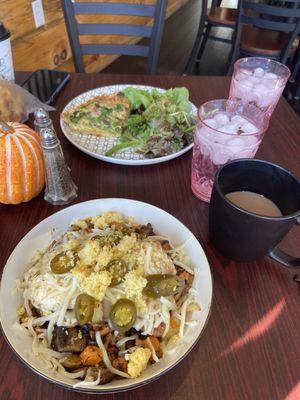 Cowboy Bowl is a sweet potato brisket hash, with two eggs and cheese--delicious! My wife enjoyed a flaky crusted quiche and green salad.