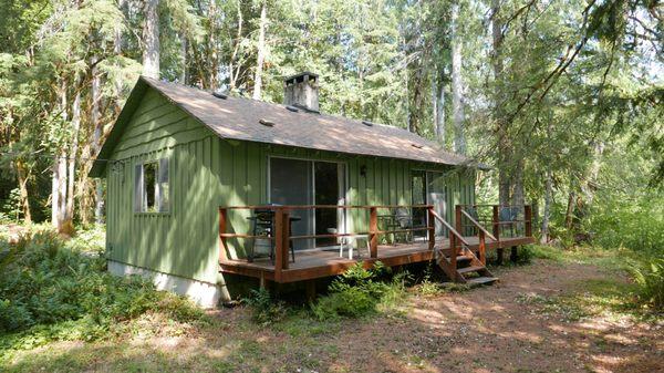 Rainbow cabin, off by itself on a noisy stretch of the river.