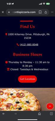 Conti's Pizzeria Hours of Operation.