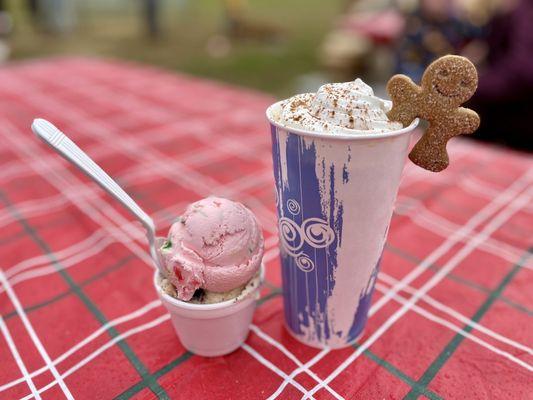 Scoop of "Smoreo" with a scoop of "Peppermint Stick" along with an "Eggnog Milkshake"