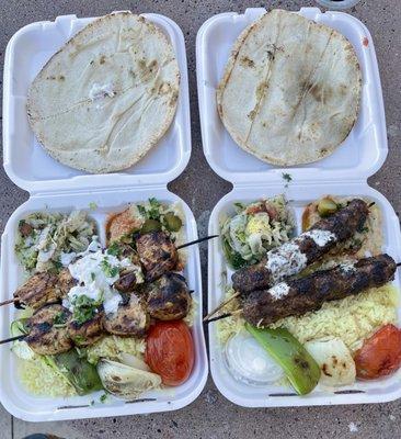 Two Skewers Aladdin Chicken Kabob and Two Skewers Kafta Kabob